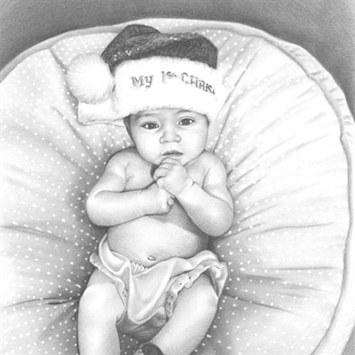 Hand Drawn Pencil Portrait of A Baby Lying in A Basket for Christmas Portrait,by myDaVinci - myDaVinci